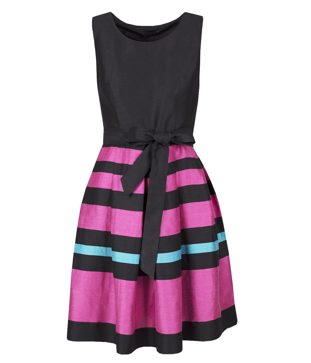 Sleeveless fit and flare dress with textile belt and stripes print, with linen, viscose and rayon 0
